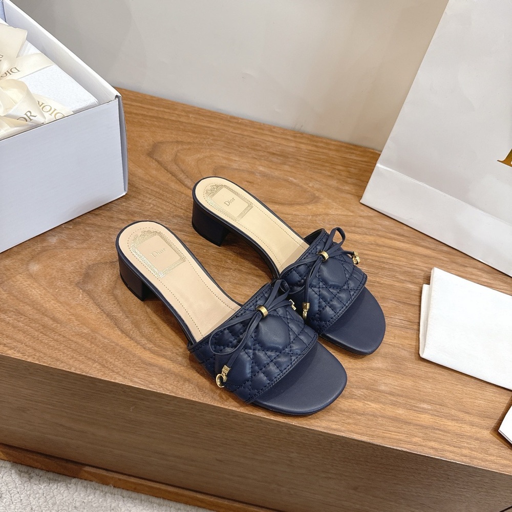 DIOR Cannage Quilted Lambskin Heeled Mules Slides Navy Blue - Picture 4 of 4